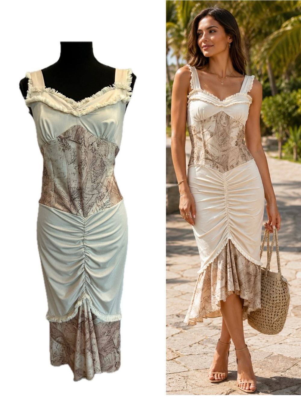 Cream & Blush Ruched Corset Midi Dress Resort Vacation Style Size L